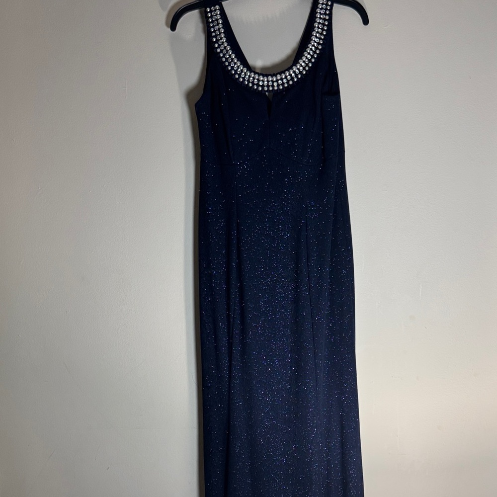 R & M Richards Navy Maxi Dress with Embellished Neckline